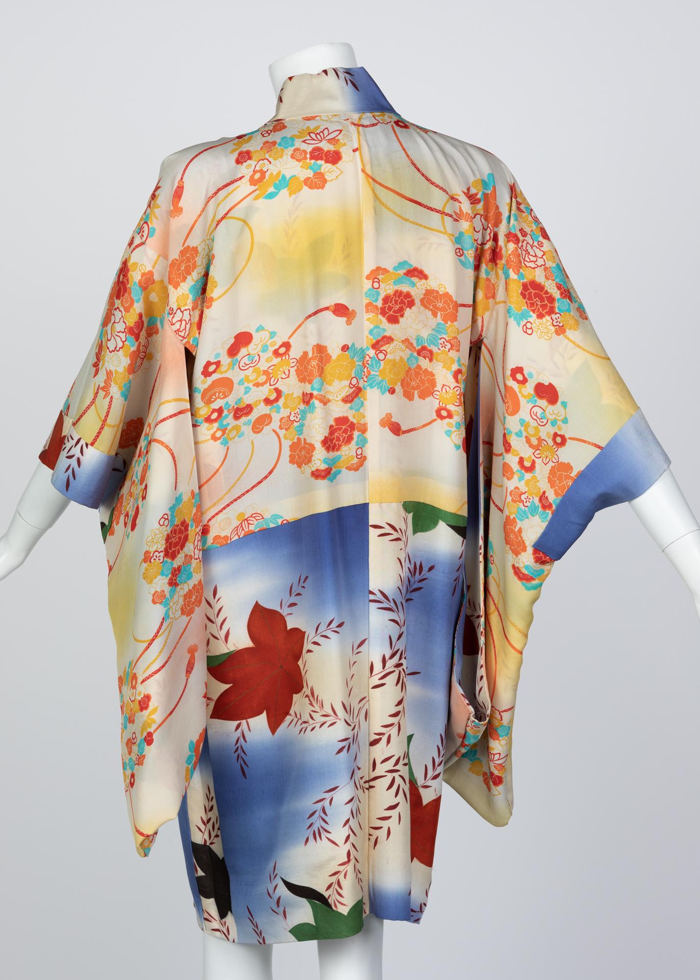 Japanese Silk Watercolor Falling Leaves Kimono Jacket Dress, 1970s For Sale 1