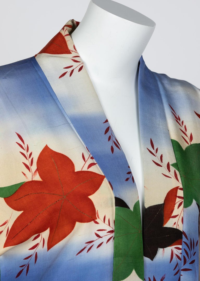 Japanese Silk Watercolor Falling Leaves Kimono Jacket Dress, 1970s For ...