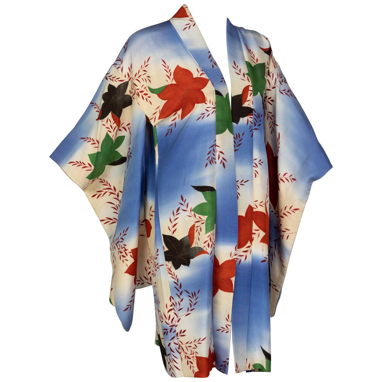 Japanese Silk Watercolor Falling Leaves Kimono Jacket Dress, 1970s