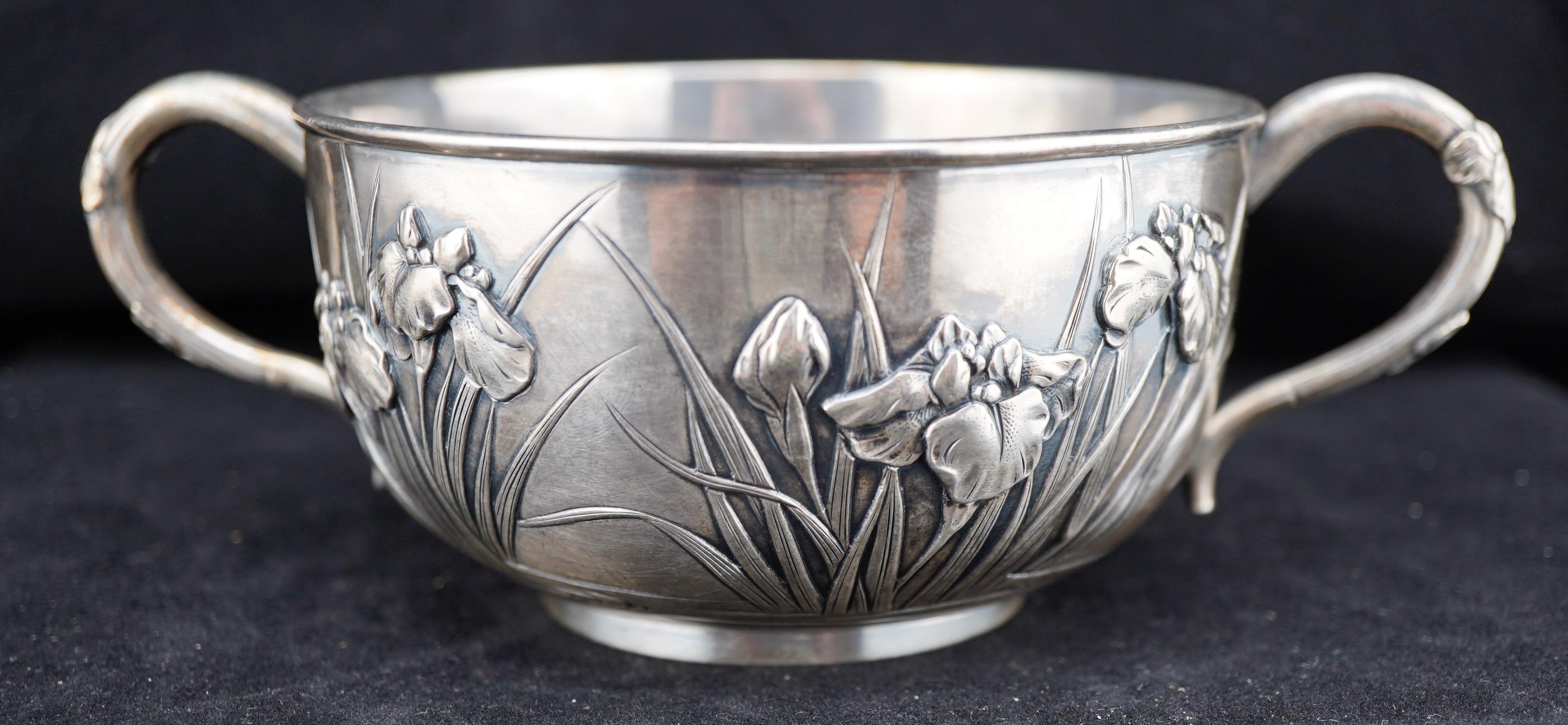 Cast Japanese Silver Bowl with Irises by Konoike, Meji Period For Sale