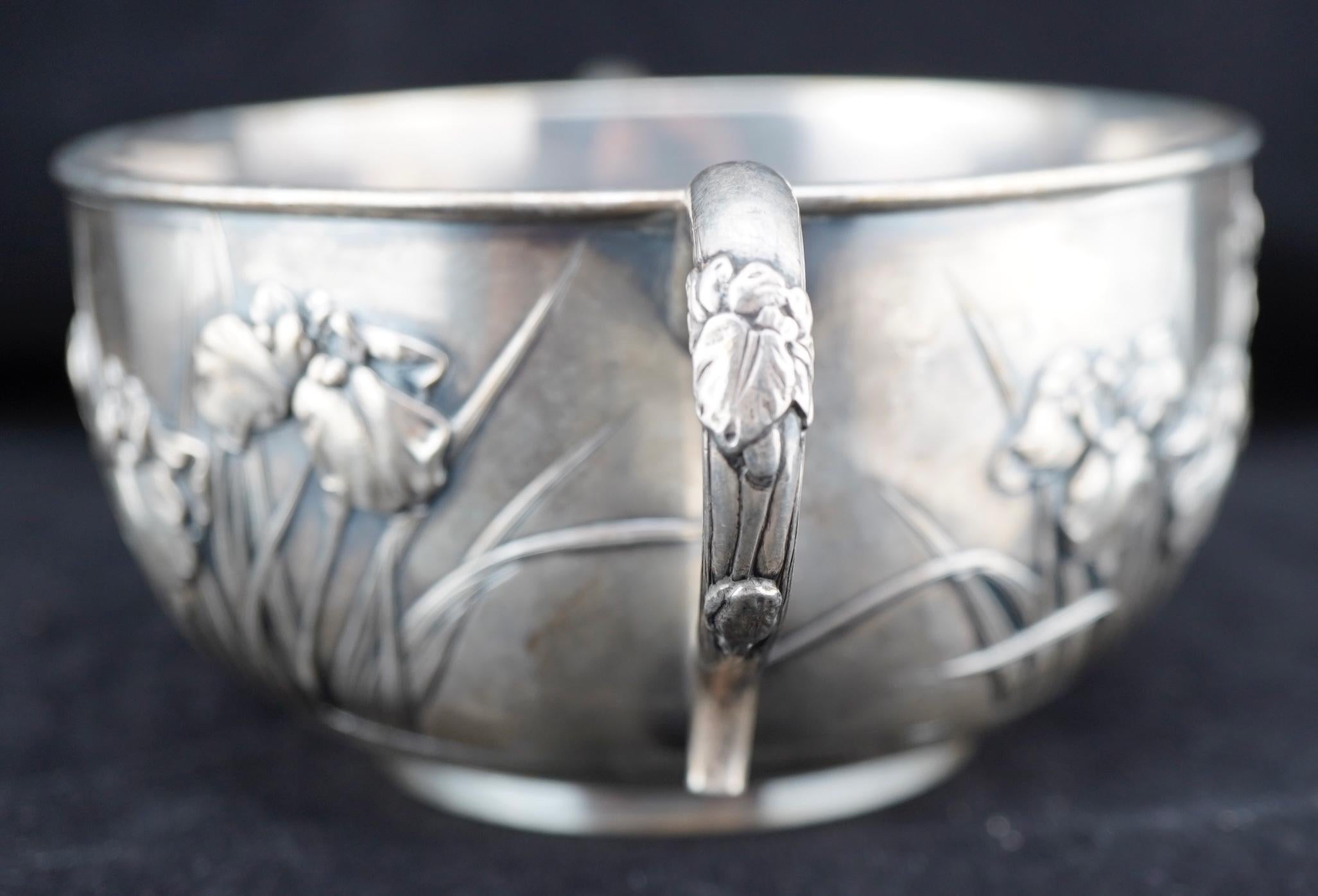 Late 19th Century Japanese Silver Bowl with Irises by Konoike, Meji Period For Sale
