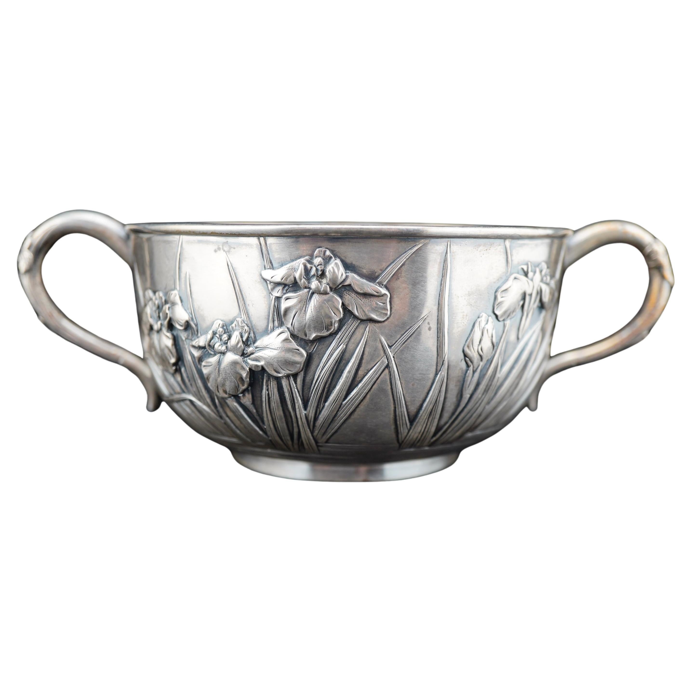 Japanese Silver Bowl with Irises by Konoike, Meji Period For Sale
