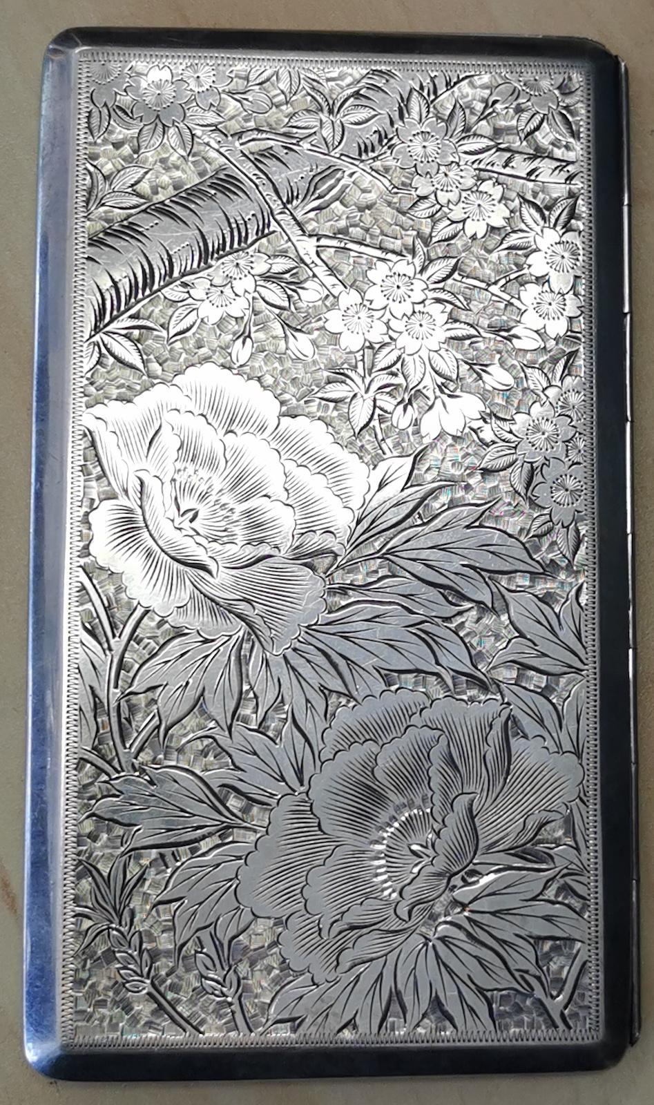 Japanese silver cigarette case, 
with internal 1950 engraving, 
marked SILVER 950, 
9.3 ounces, 265 grams
Our eclectic stock crosses cultures, continents, styles and famous names.