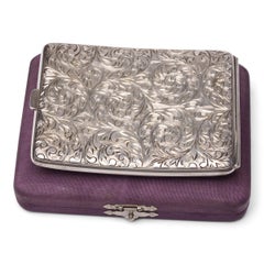 Japanese Silver Cigarette Case with Botanical Scrollwork by K. Udeya