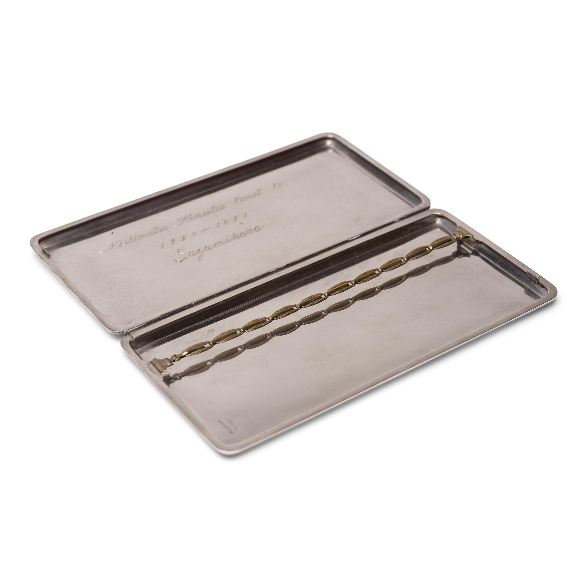 Etched Japanese Silver Cigarette Case with Flower Cart Etching