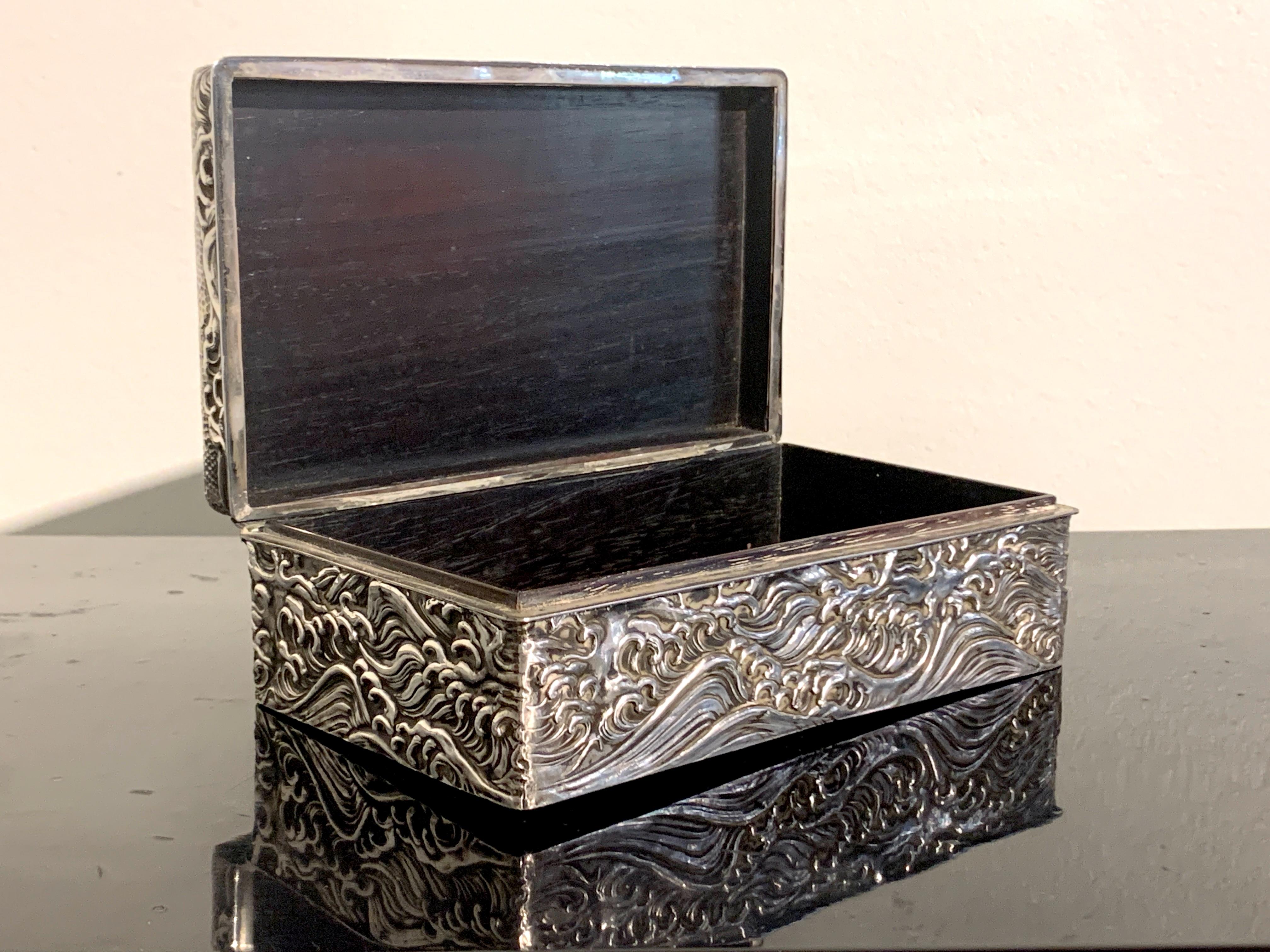 Japanese Silver Clad Hardwood Box with Dragon, Meiji Period, Japan In Good Condition In Austin, TX