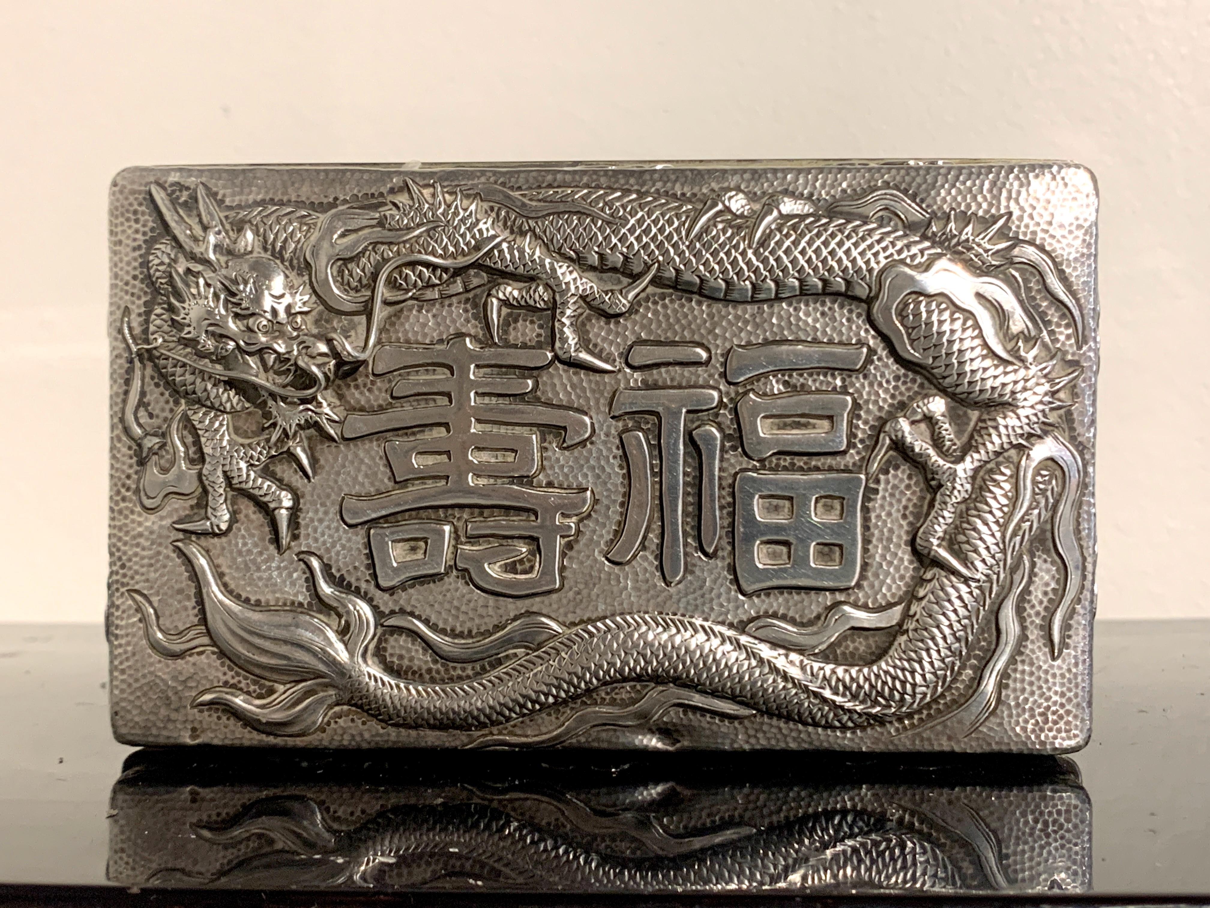 Japanese Silver Clad Hardwood Box with Dragon, Meiji Period, Japan 1