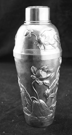 Japanese Silver Cocktail Shaker Lotus Decoration by Arthur and Bond