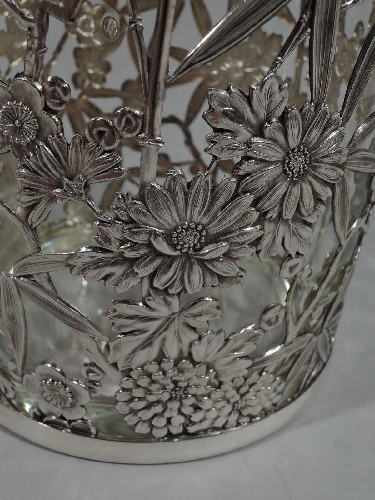 Japanese Silver Ice Bucket with Pretty Flowers In Excellent Condition In New York, NY