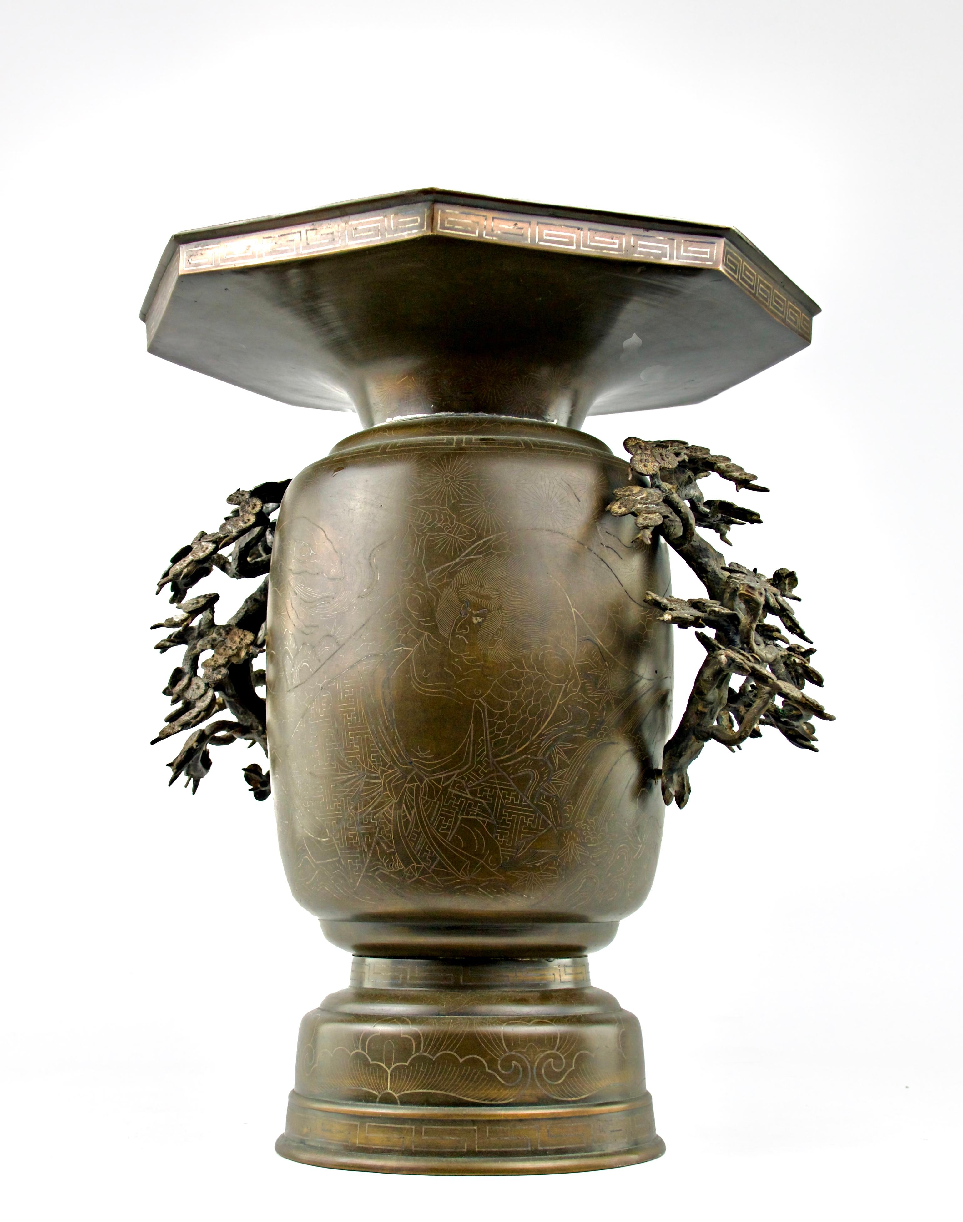 Japanese Silver Inlay Samuraï and Dragon Vase, Japan, 19th Century For Sale 8