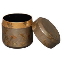 Japanese Silver Lacquer Tea Caddy 棗 'Natsume' with Autumn Leaves 椛 'Momiji'