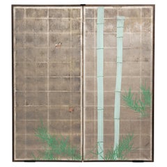 Paravent japonais Byobu en feuilles d'argent avec finitions en bambou et finitions, vers 1800