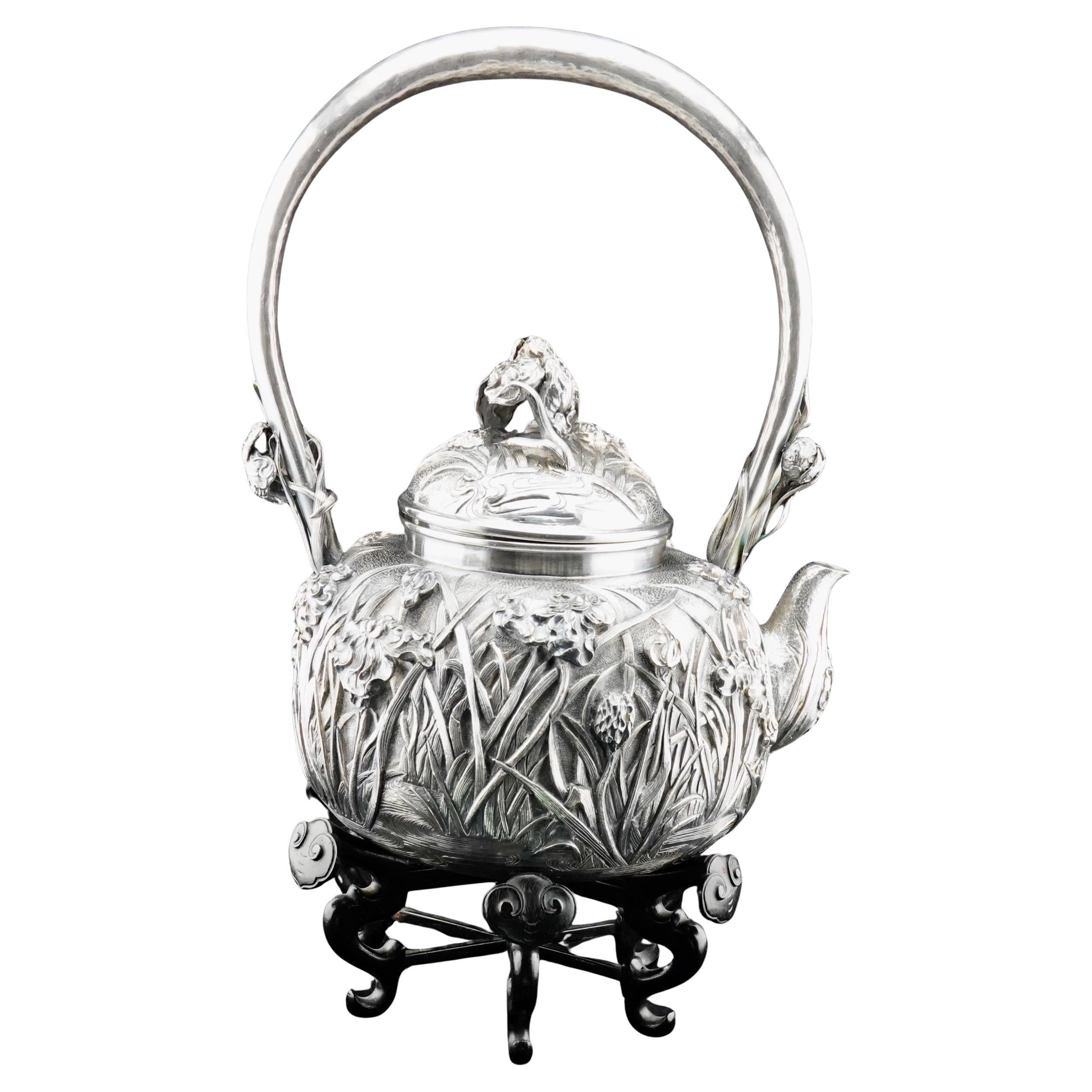 Japanese Silver Meiji Period Massive Repousse Kettle on the Stand by Konoike.