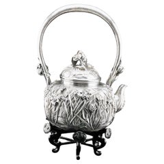 Japanese Silver Meiji Period Massive Repousse Kettle on the Stand by Konoike.