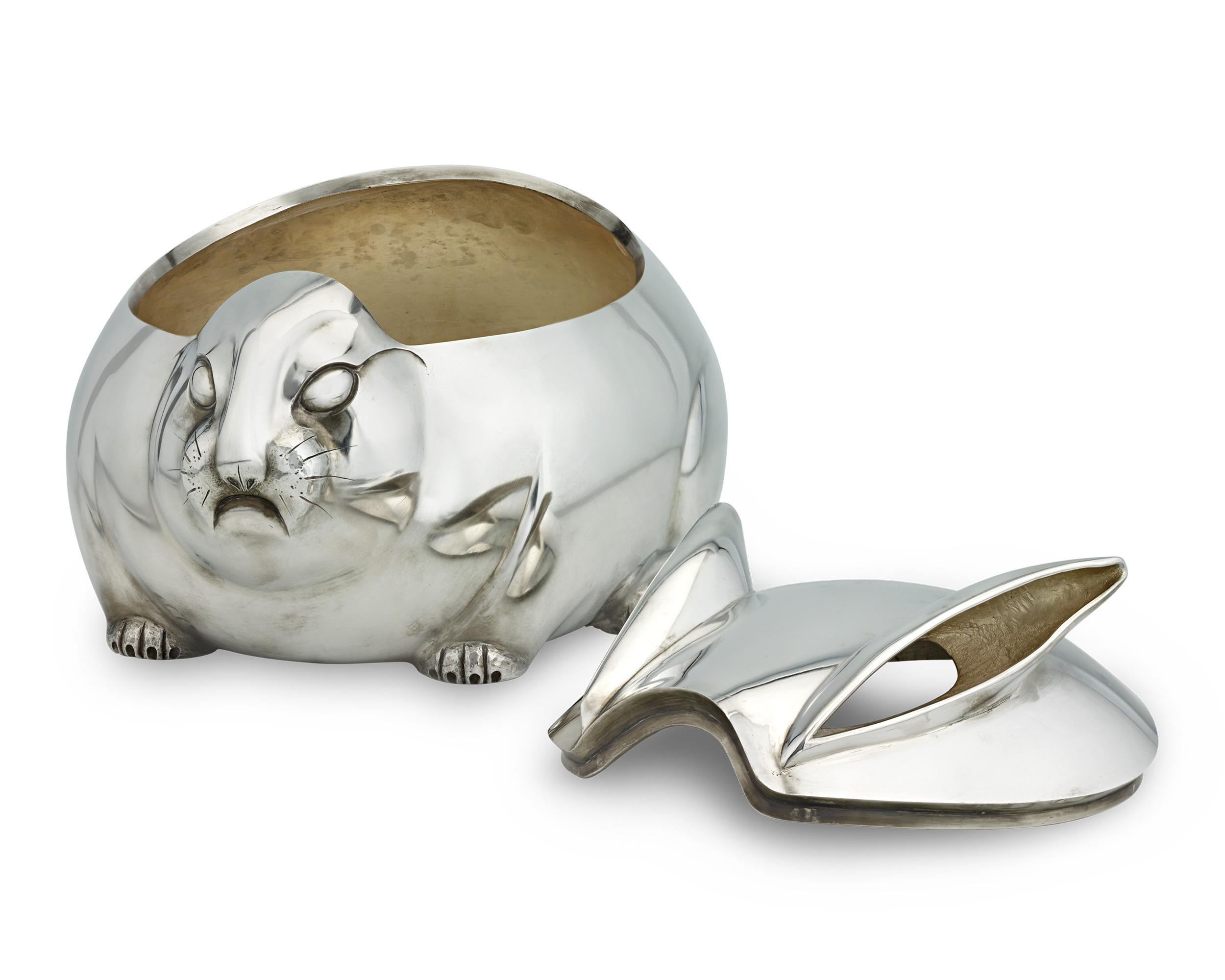 This Meiji silver rabbit hand warmer is the rarest of treasures. Taking the charming form of a well-fed lucky hare, this extraordinary object makes a monumental impact in pure silver.

Meiji-era hand warmers are quite rare, as they were used in the
