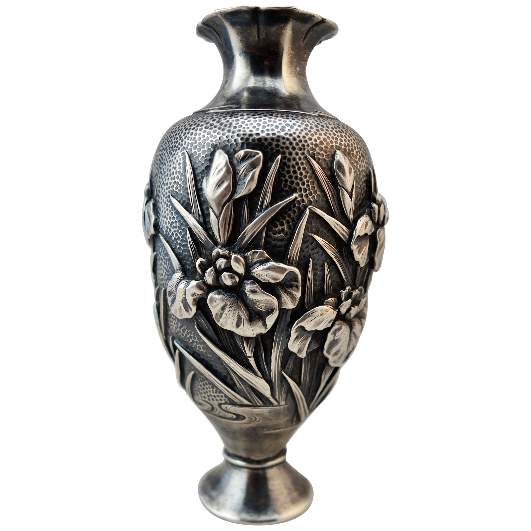Japanese Silver Repousse Iris Vase Meiji Period For Sale