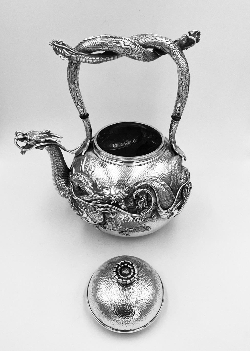Japanese Silver Meijii Period Tea Kettle with Entwined Dragons Handle 3