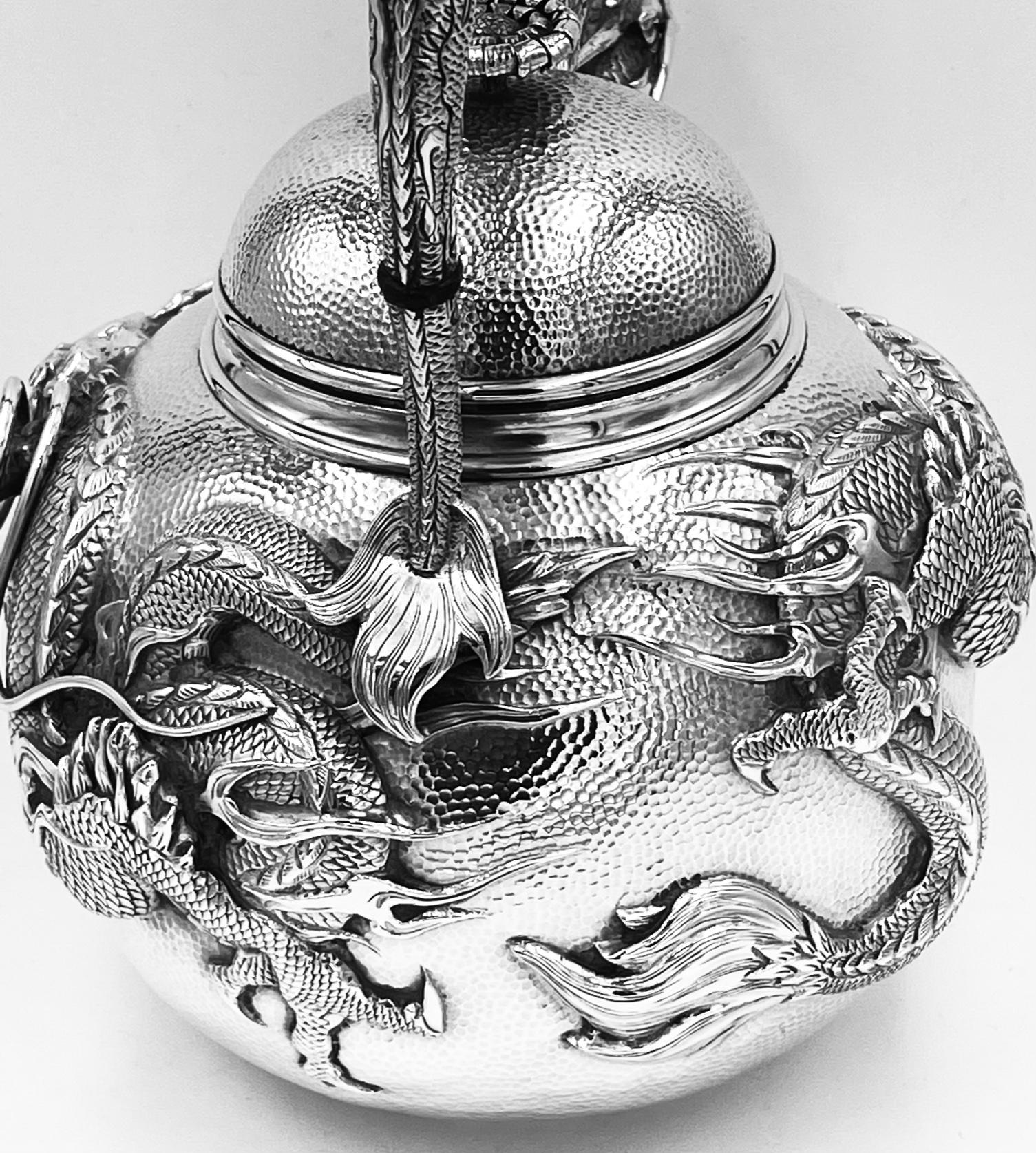 Japanese Silver Meijii Period Tea Kettle with Entwined Dragons Handle 1