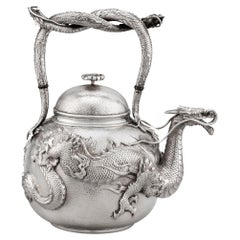 Japanese Silver Meijii Period Tea Kettle with Entwined Dragons Handle