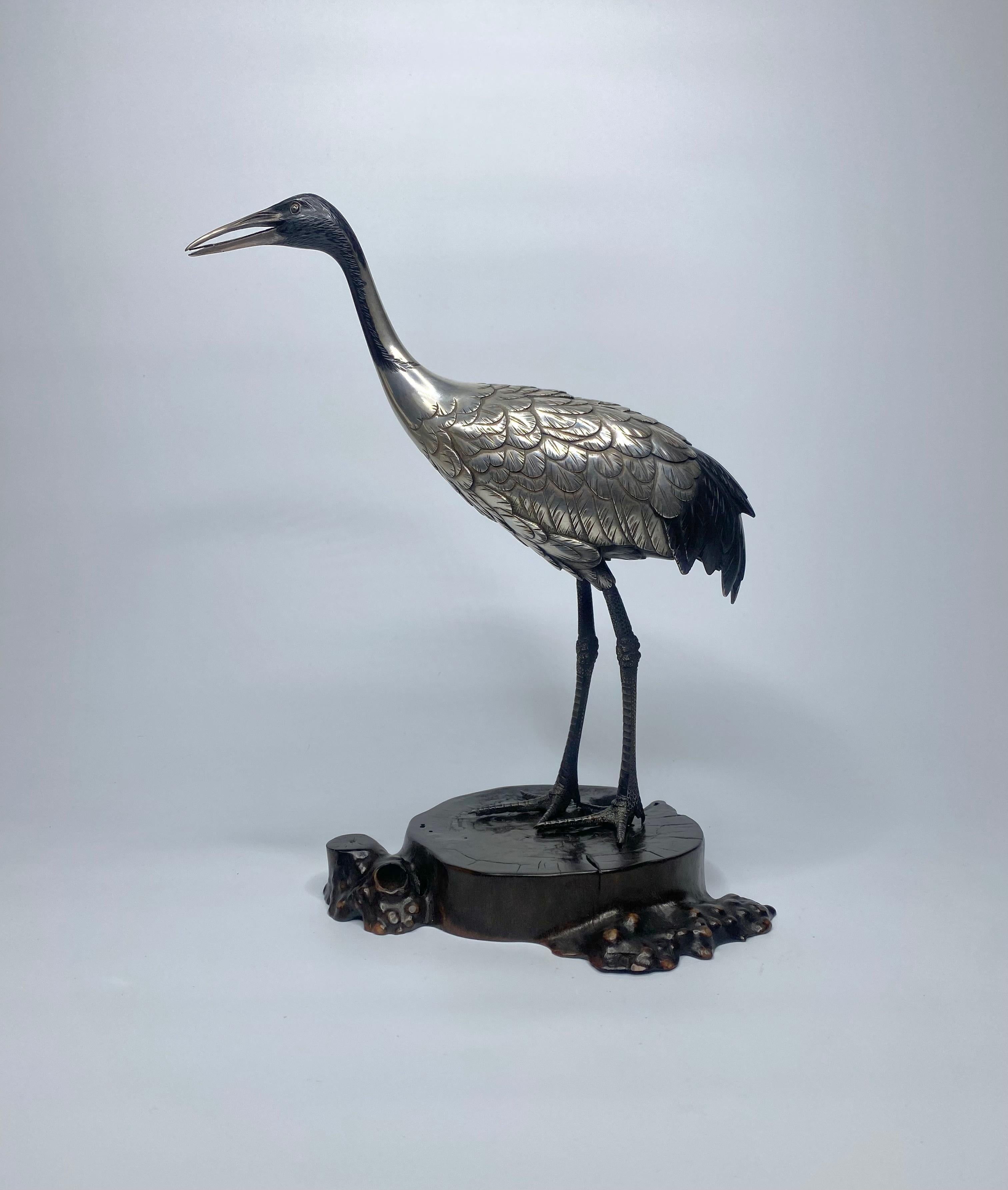 Japanese Silvered Bronze Manchurian Crane, Hidenao, Meiji Period 8