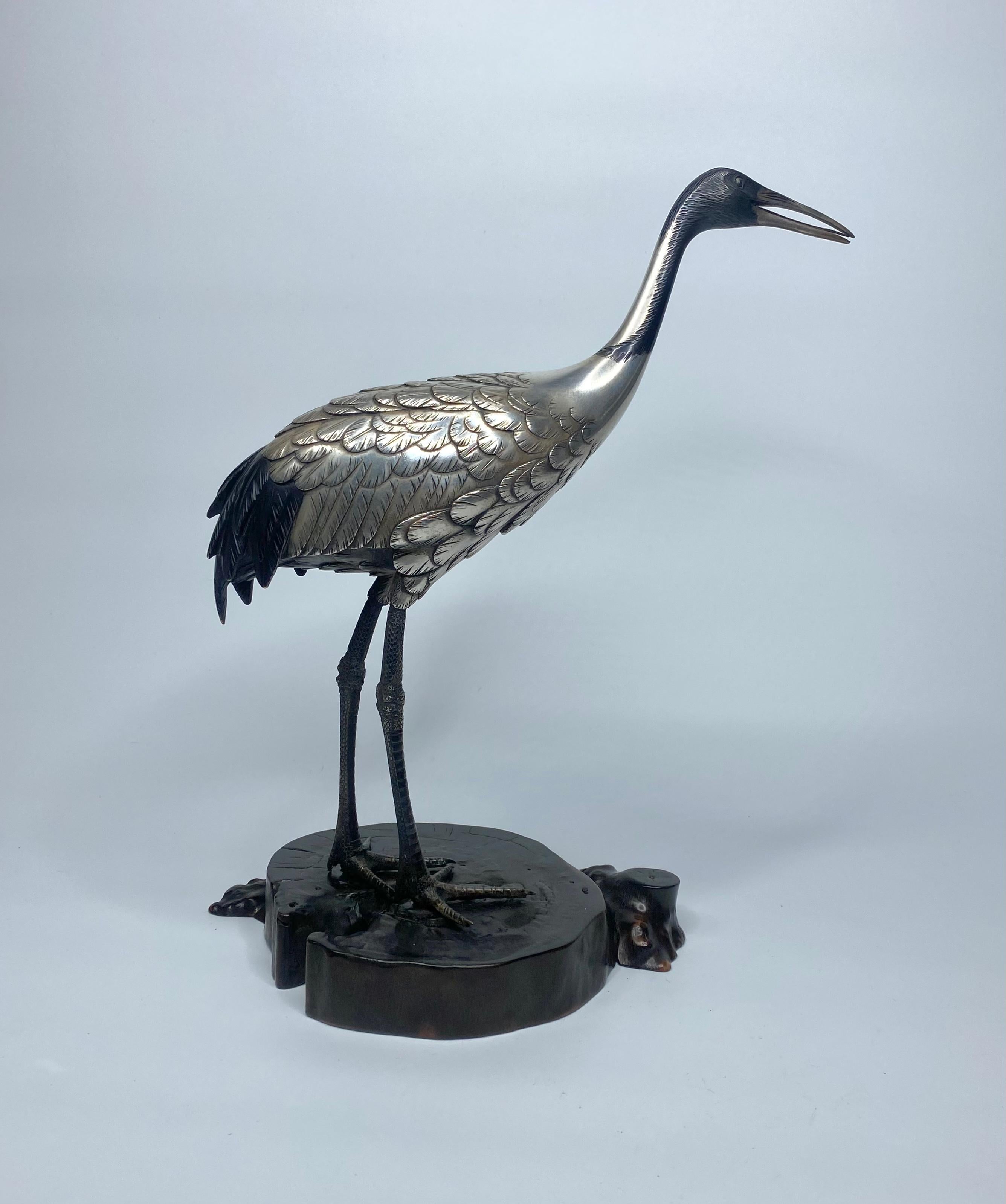 Cast Japanese Silvered Bronze Manchurian Crane, Hidenao, Meiji Period