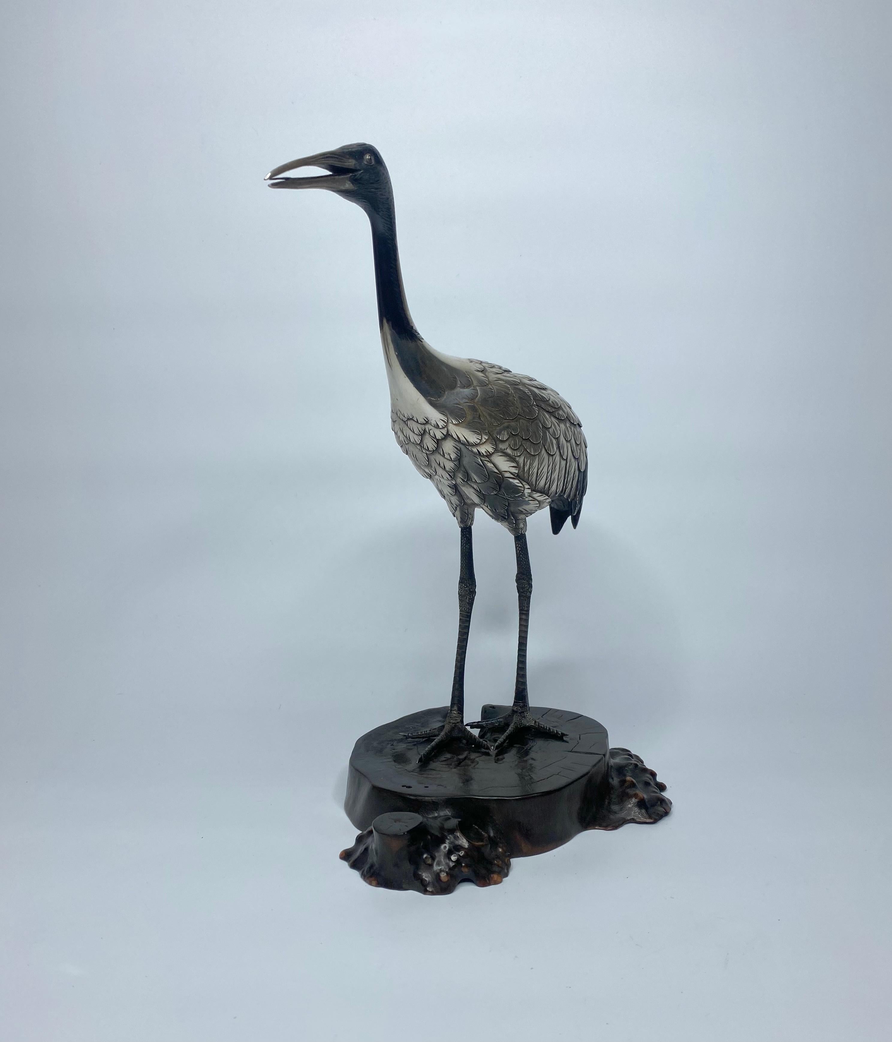 Japanese Silvered Bronze Manchurian Crane, Hidenao, Meiji Period In Excellent Condition In Gargrave, North Yorkshire