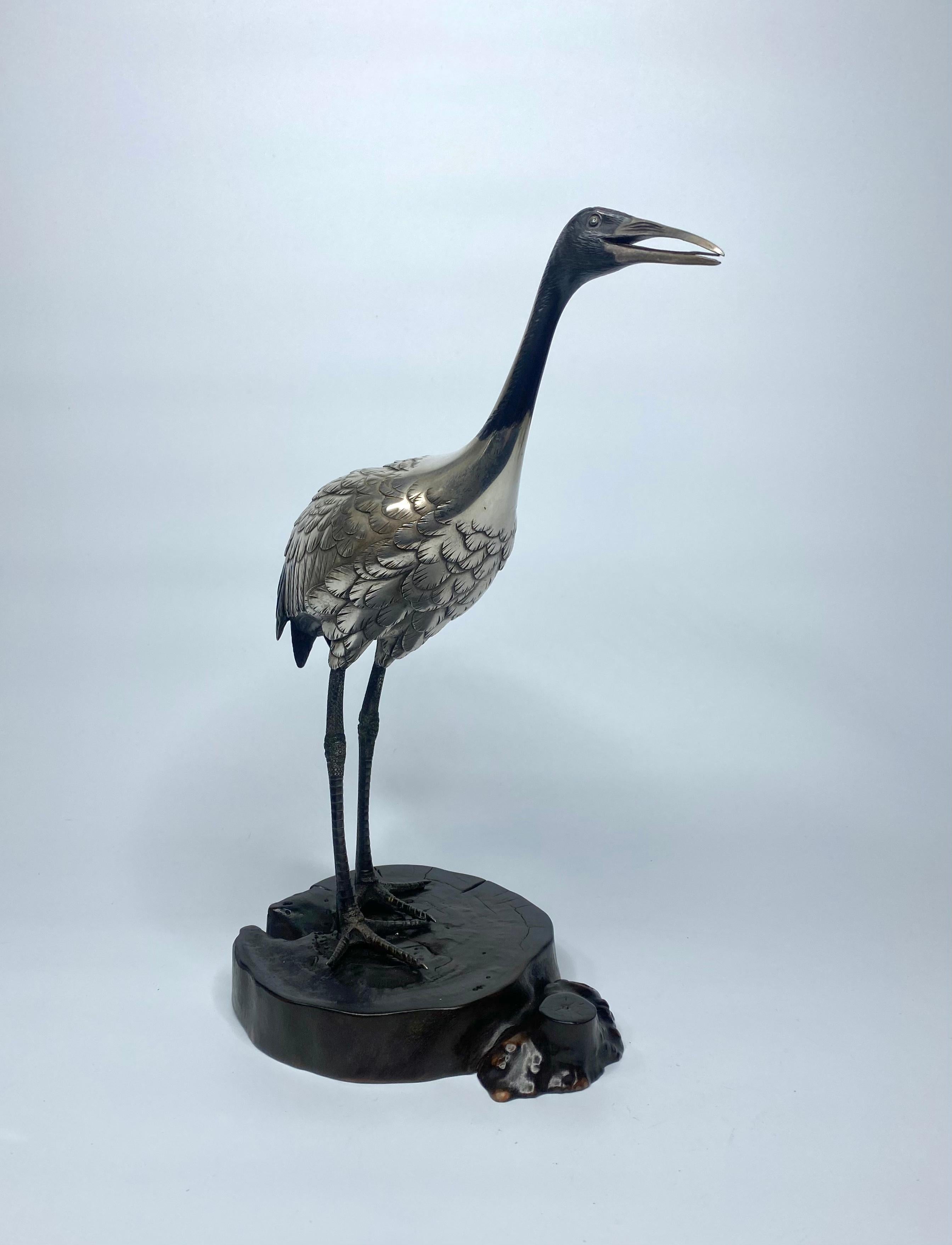 Late 19th Century Japanese Silvered Bronze Manchurian Crane, Hidenao, Meiji Period