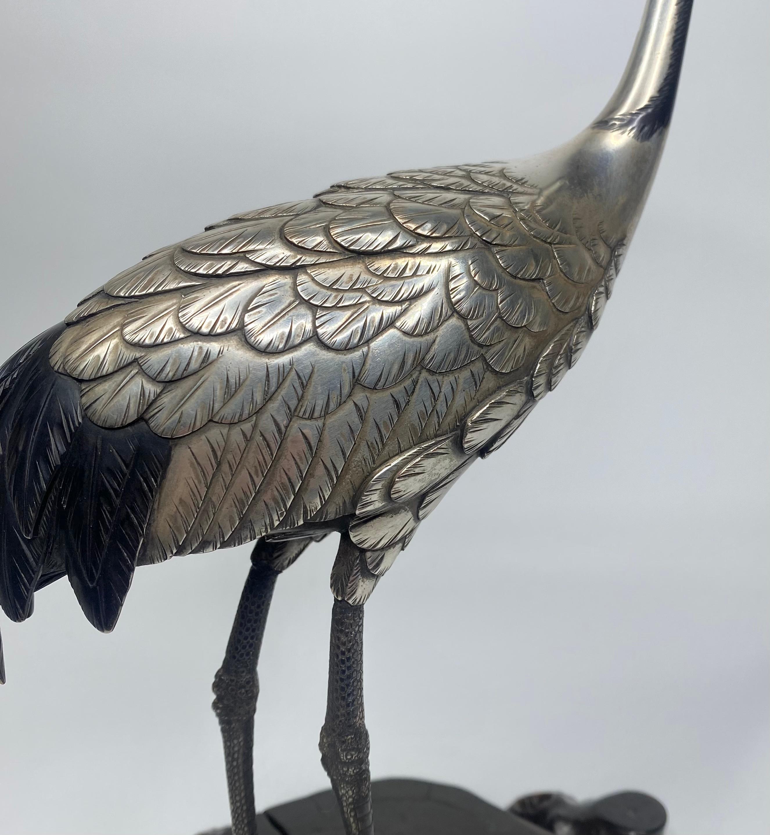 Japanese Silvered Bronze Manchurian Crane, Hidenao, Meiji Period 2