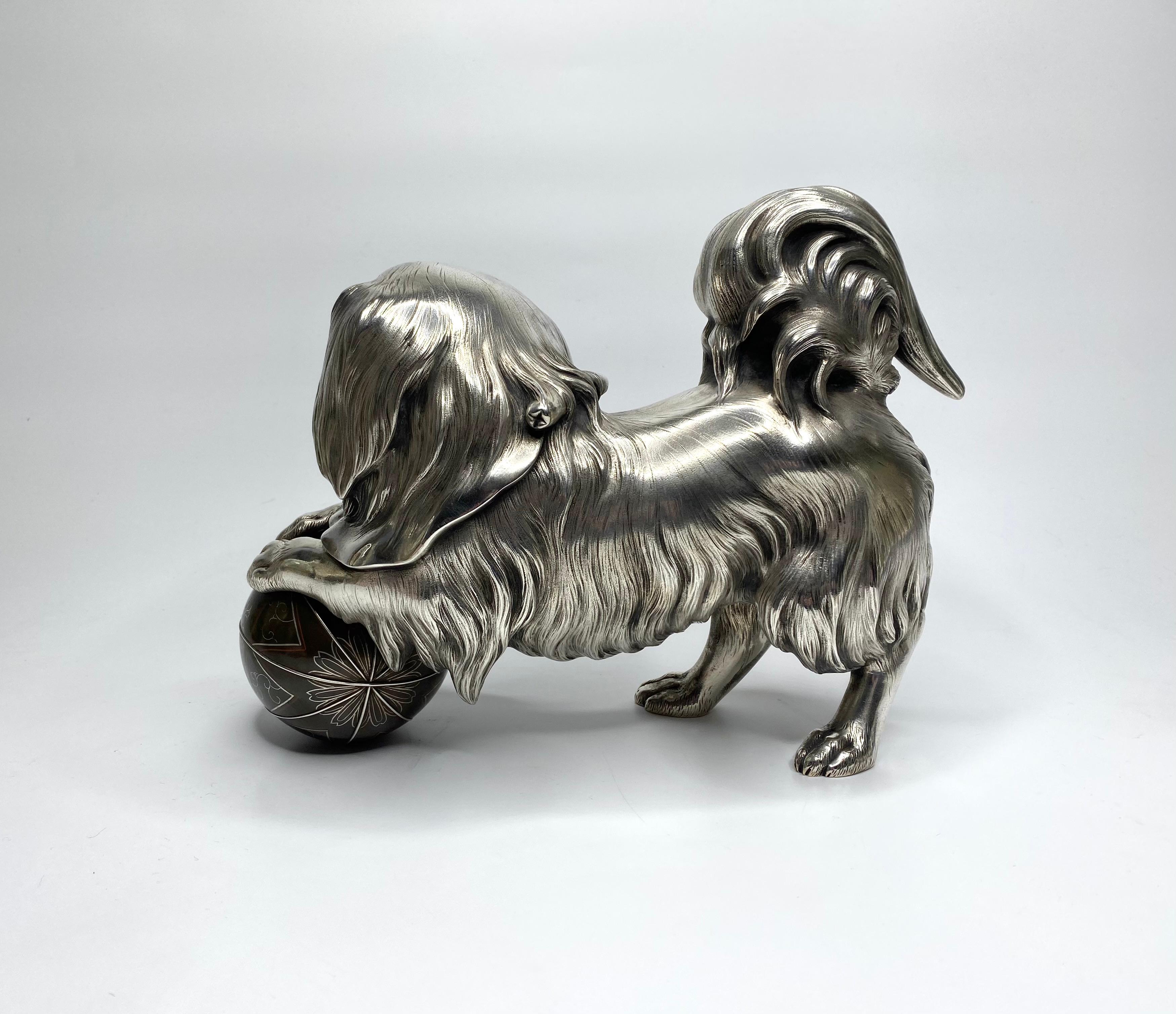 Japanese silvered bronze okimono of a Chin puppy, Meiji Period. In Excellent Condition In Gargrave, North Yorkshire