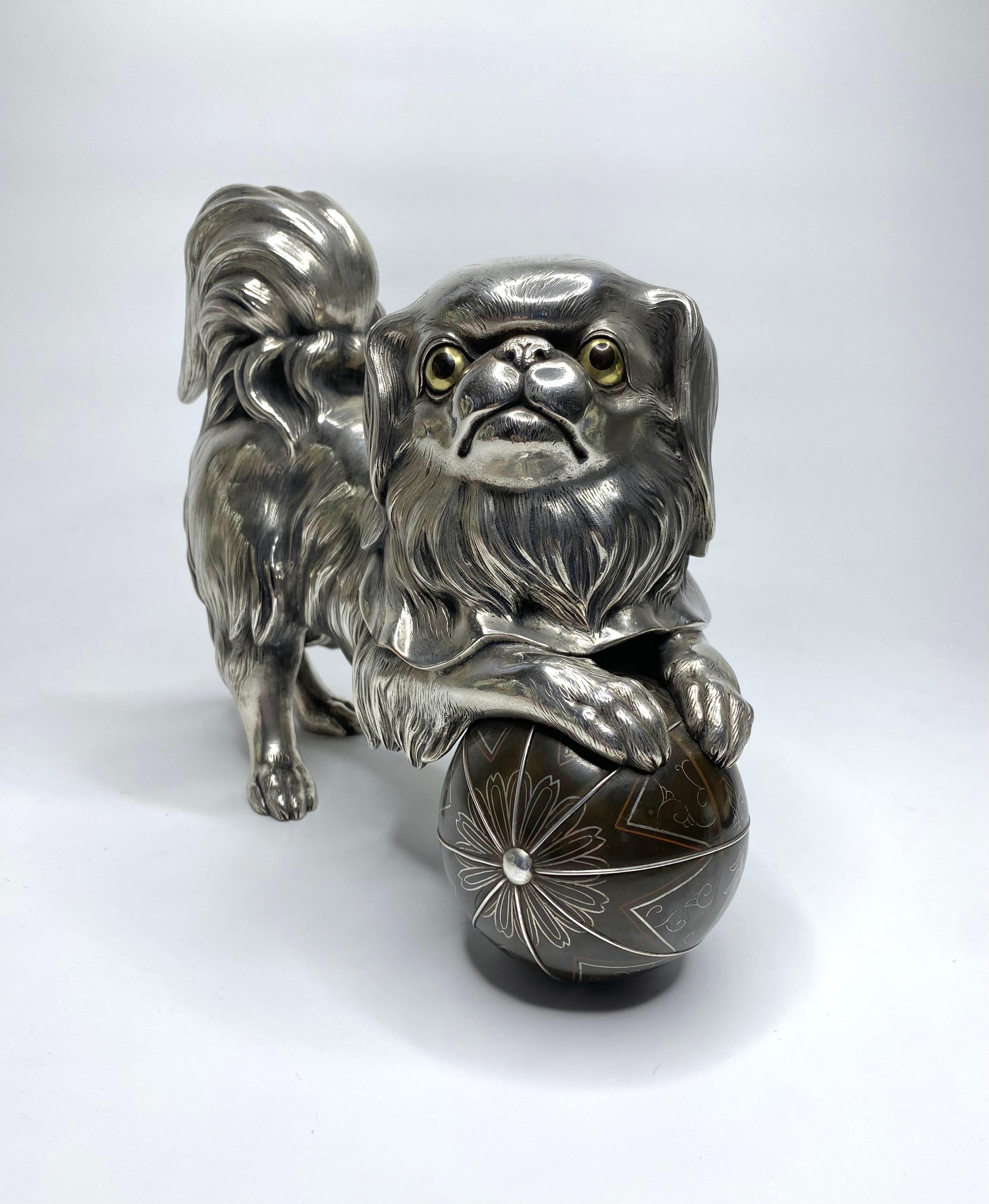 Late 19th Century Japanese silvered bronze okimono of a Chin puppy, Meiji Period.