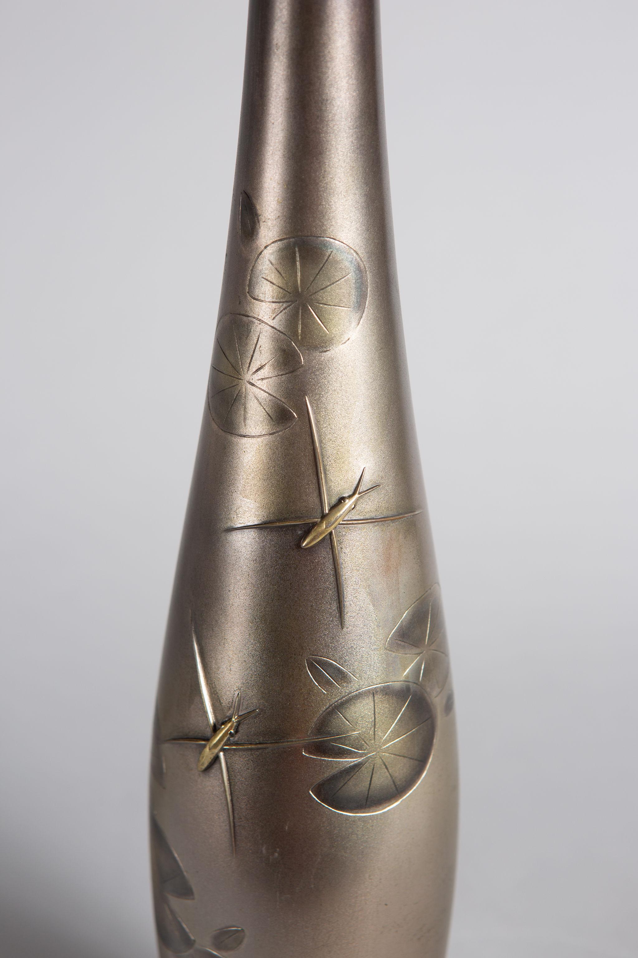 Japanese Silvered Bronze Vase with Water Striders In Good Condition In Hudson, NY