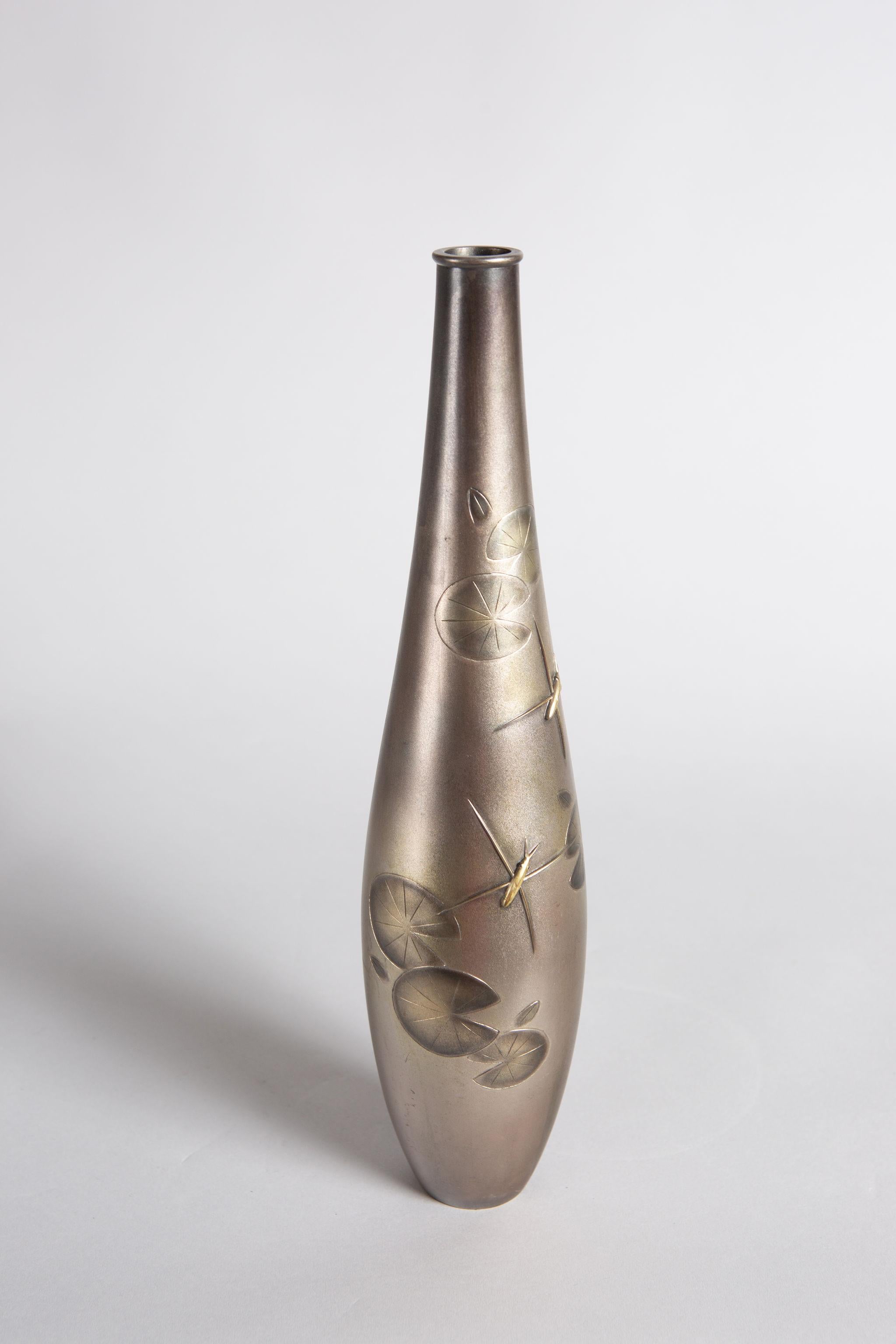 Metal Japanese Silvered Bronze Vase with Water Striders