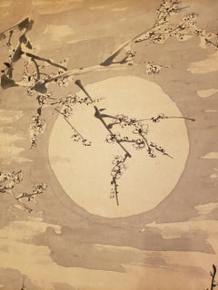 Japanese Single Panel Painting Moon and Plum Design 'Winter Scene'