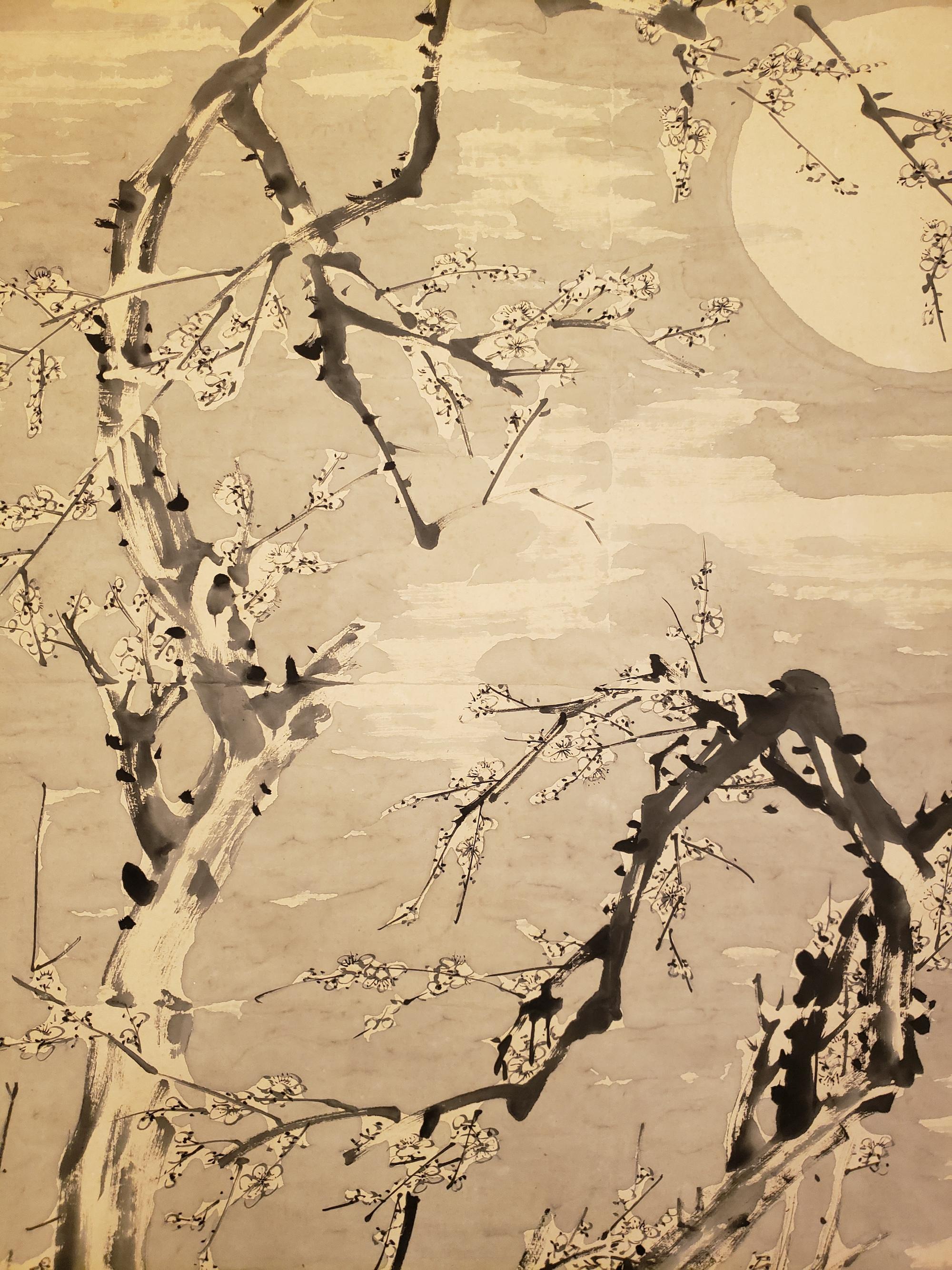 Meiji Japanese Single Panel Painting Moon and Plum Design 'Winter Scene' For Sale