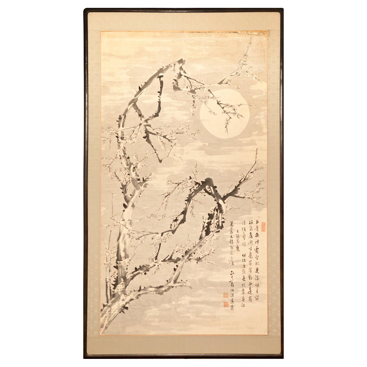 Japanisches einteiliges Tafelgemälde mit Mond- und Pflaumenmuster „Winterszene“