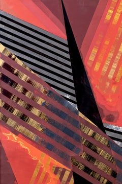 Japanese Single Wood Panel: Abstract Lines in Red and Gold Lacquer