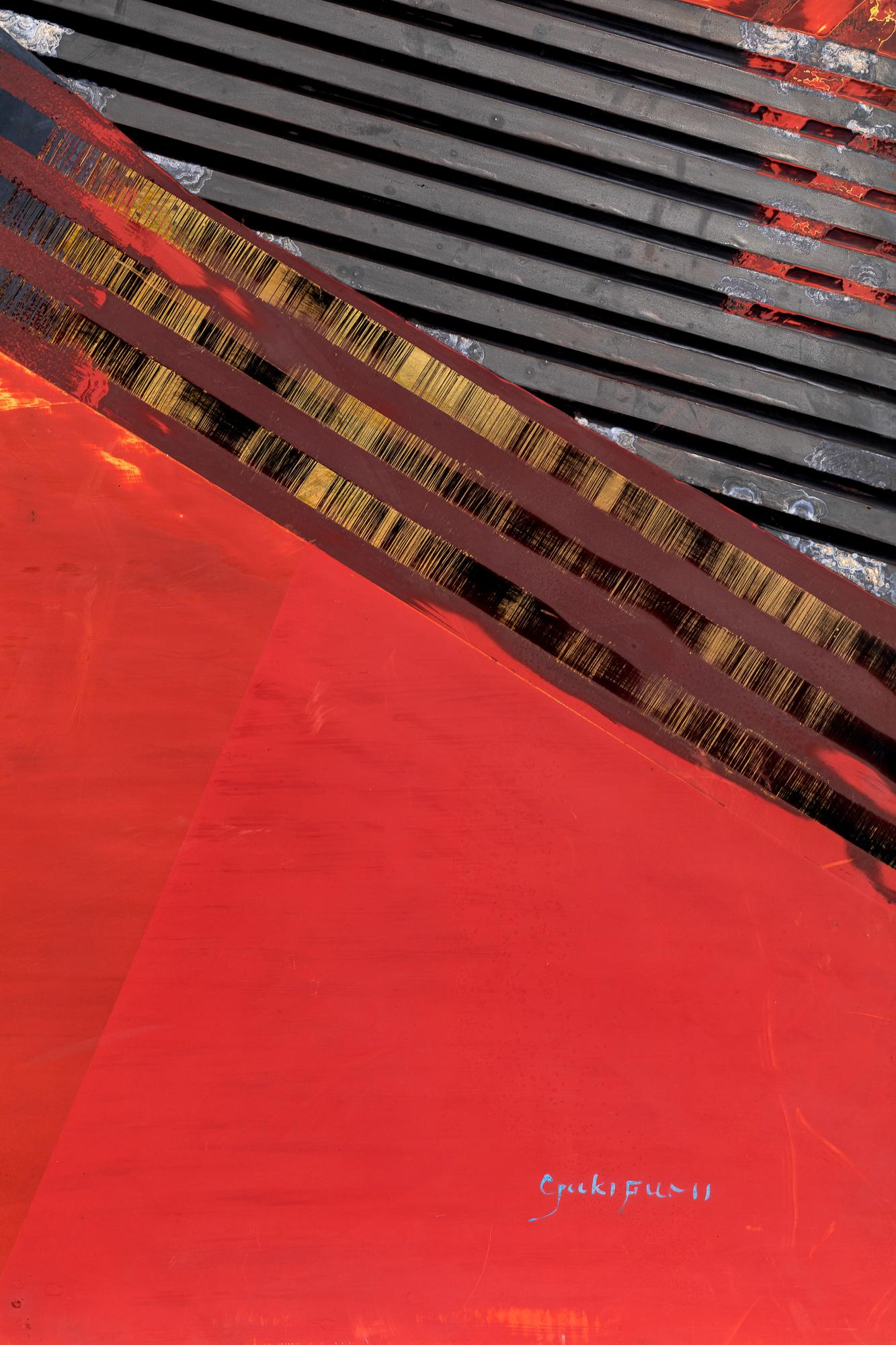 Japanisches japanisches Einzelholz-Paneel: Abstrakte Linien in Rot und Goldlack im Angebot 2