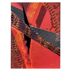 Japanese Single Wood Panel: Abstract Lines in Red and Gold Lacquer