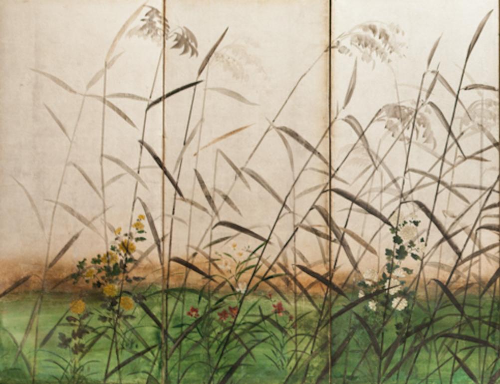Japanese Six Panel Screen: Moon Rising Over the Plains of Musashino In Good Condition For Sale In Hudson, NY