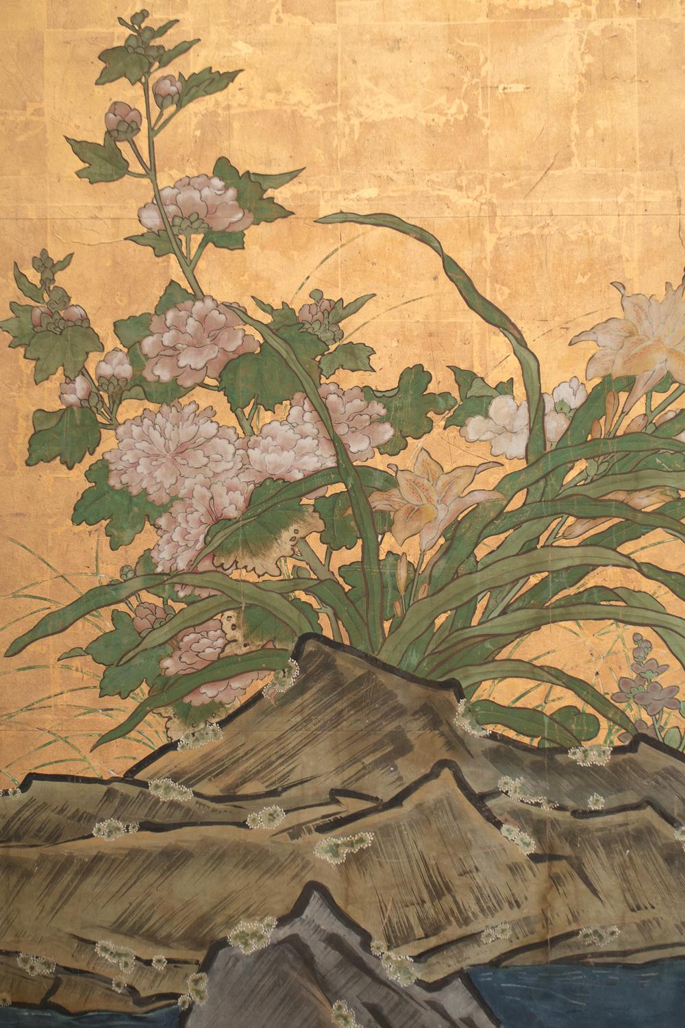 Pair of Japanese Six Panel Screens: Floral Landscape / Mother with Young For Sale 3