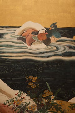 Japanese Six Panel Screen: Mandarin Ducks in Snowy Pond in Early Spring