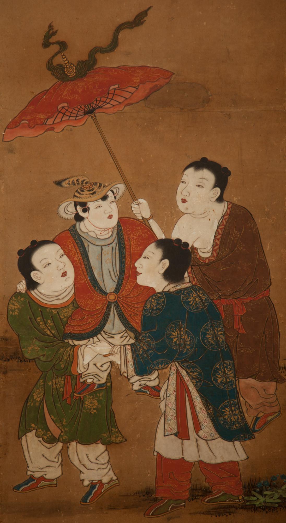 Children at play in a Chinese palace garden, a favorite subject of Japanese painters. Kano School painting in mineral pigments on mulberry paper with silk brocade border. Original bronze/chrysanthemum hardware may suggest it was in an important