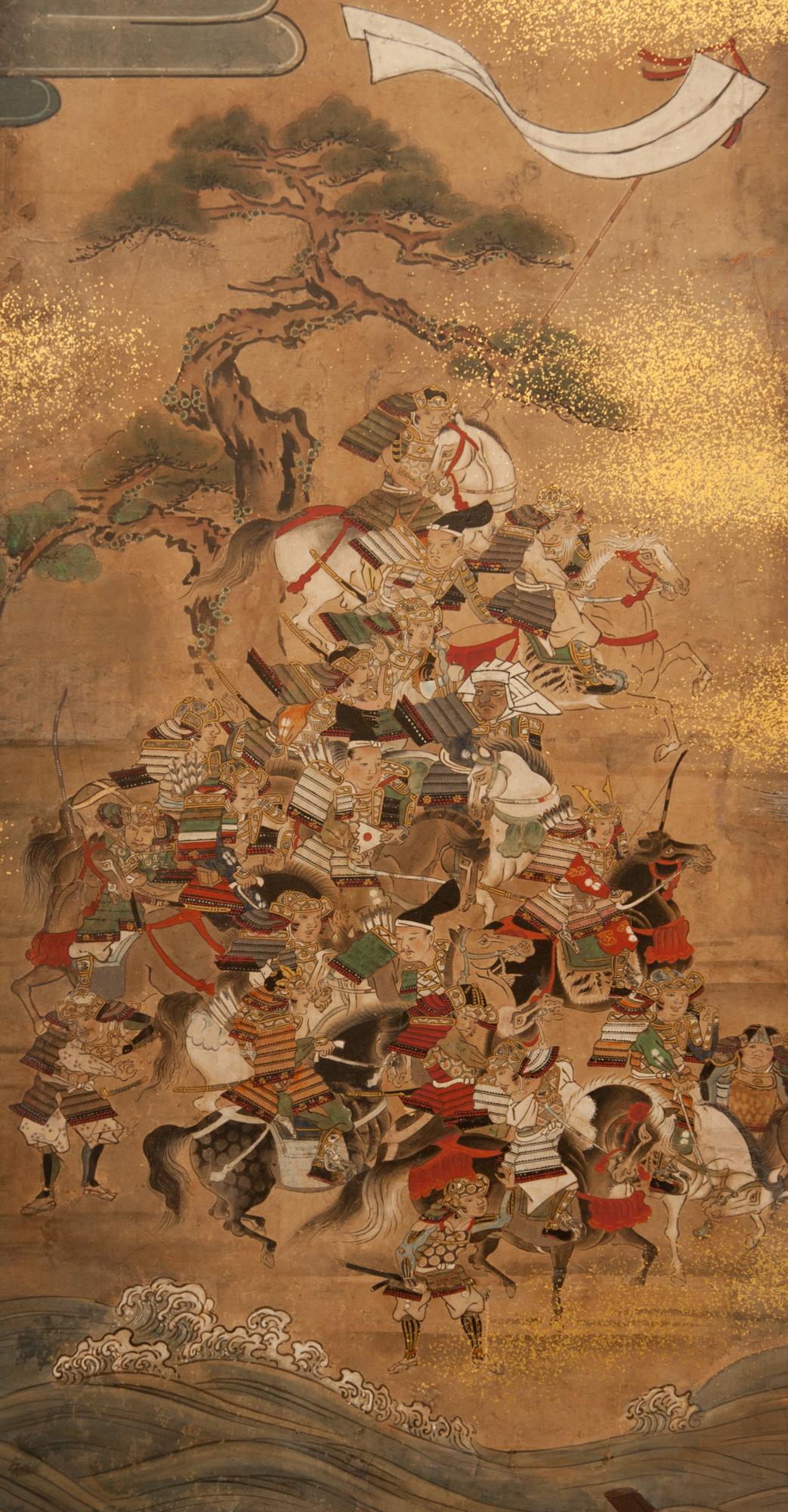 Peinture de Yamato-e représentant une grande bataille terrestre et maritime, la bataille de Yashima, le 22 mars 1185. Les Heike ont été chassés de la zone montagneuse et protégée de Dazaifu, et ont traversé la mer étroite jusqu'à Yashima
