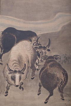 Japanese Six Panel Screen Bulls in a Gentle Landscape