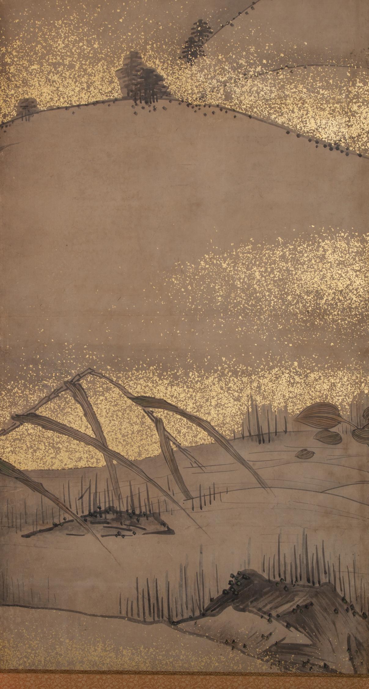 Hasegawa School painting in ink and gold dust accents on mulberry paper.