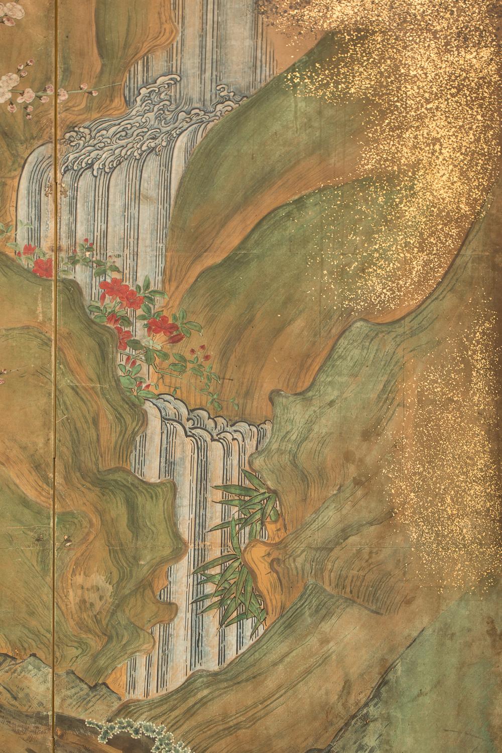 Edo Paravent japonais à six panneaux en cascade et cerisier dans un paysage d'Audubon en vente