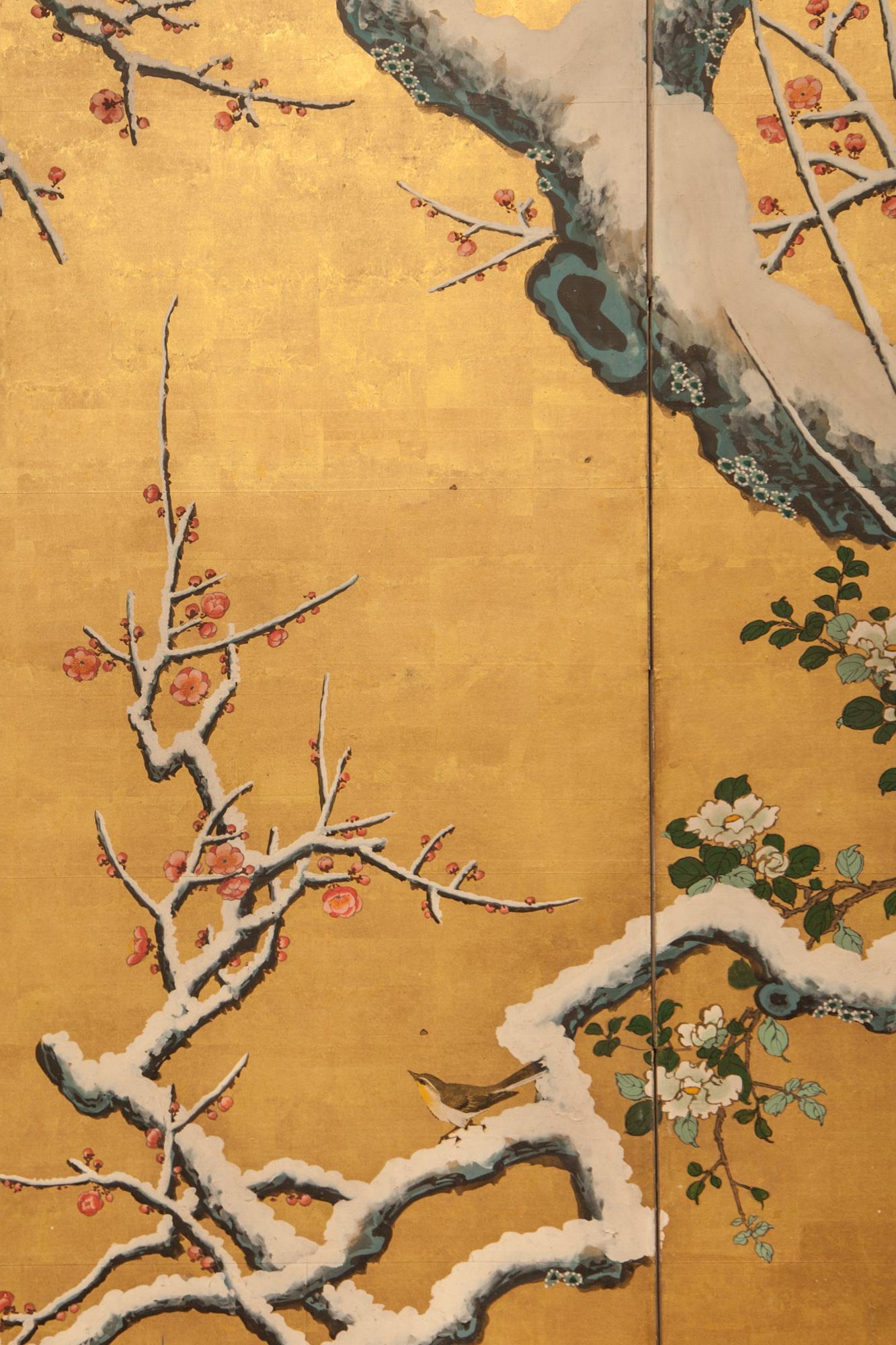 Japanese Six Panel Screen: Mandarin Ducks in Snowy Pond in Early Spring In Good Condition For Sale In Hudson, NY