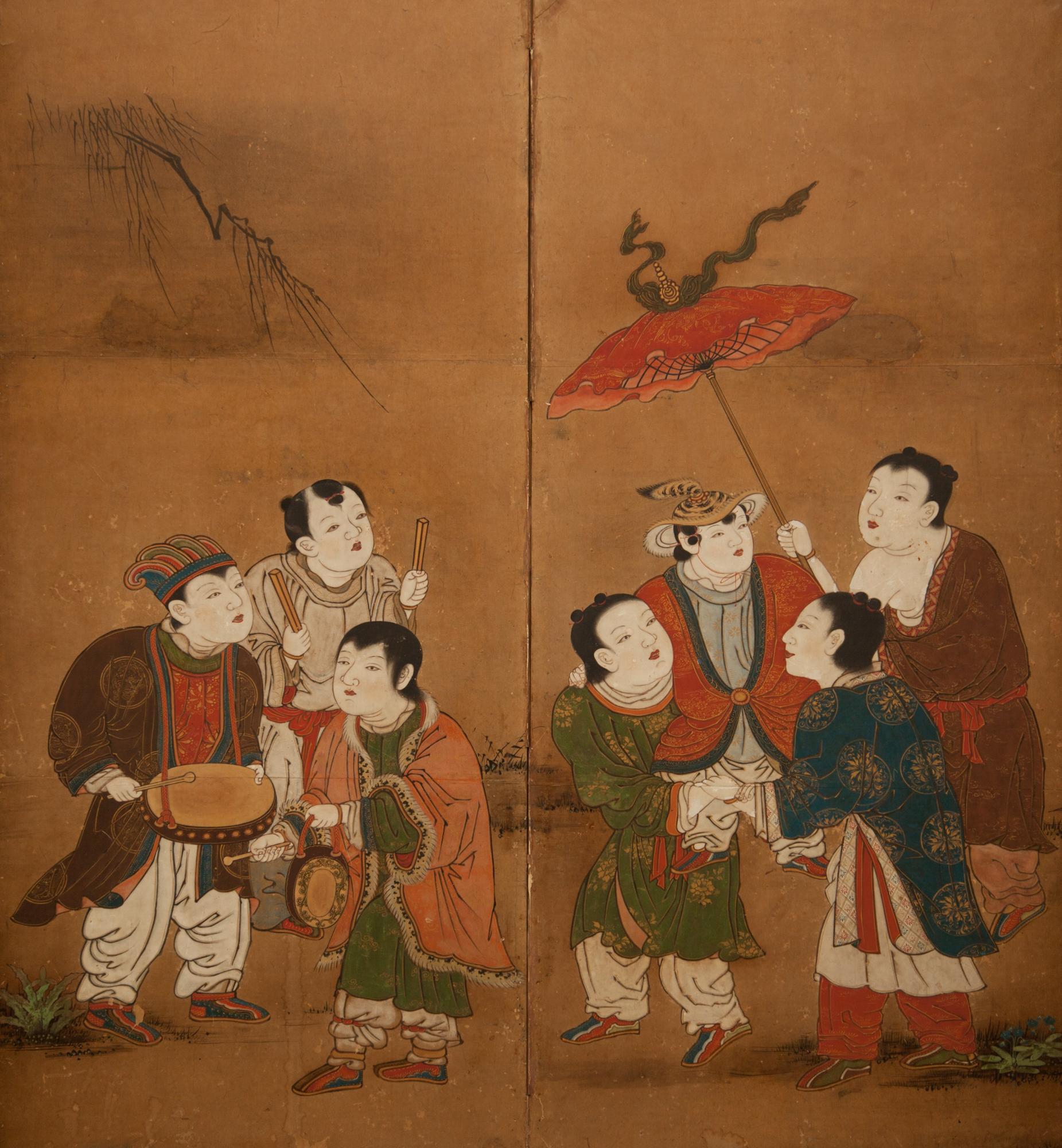 Japanese Six Panel Screen: Karako 'Chinese Children' In Good Condition For Sale In Hudson, NY