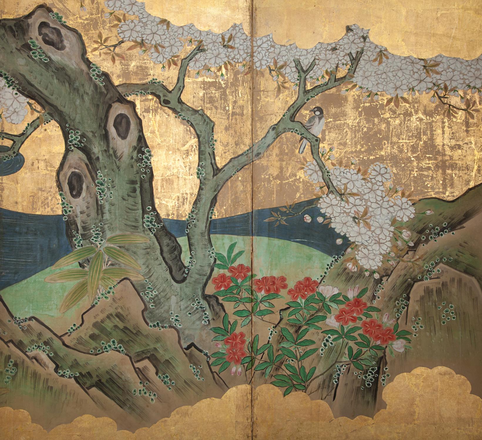 Japanese Six Panel Screen Cherry in Bloom in Flowering Spring In Good Condition In Hudson, NY