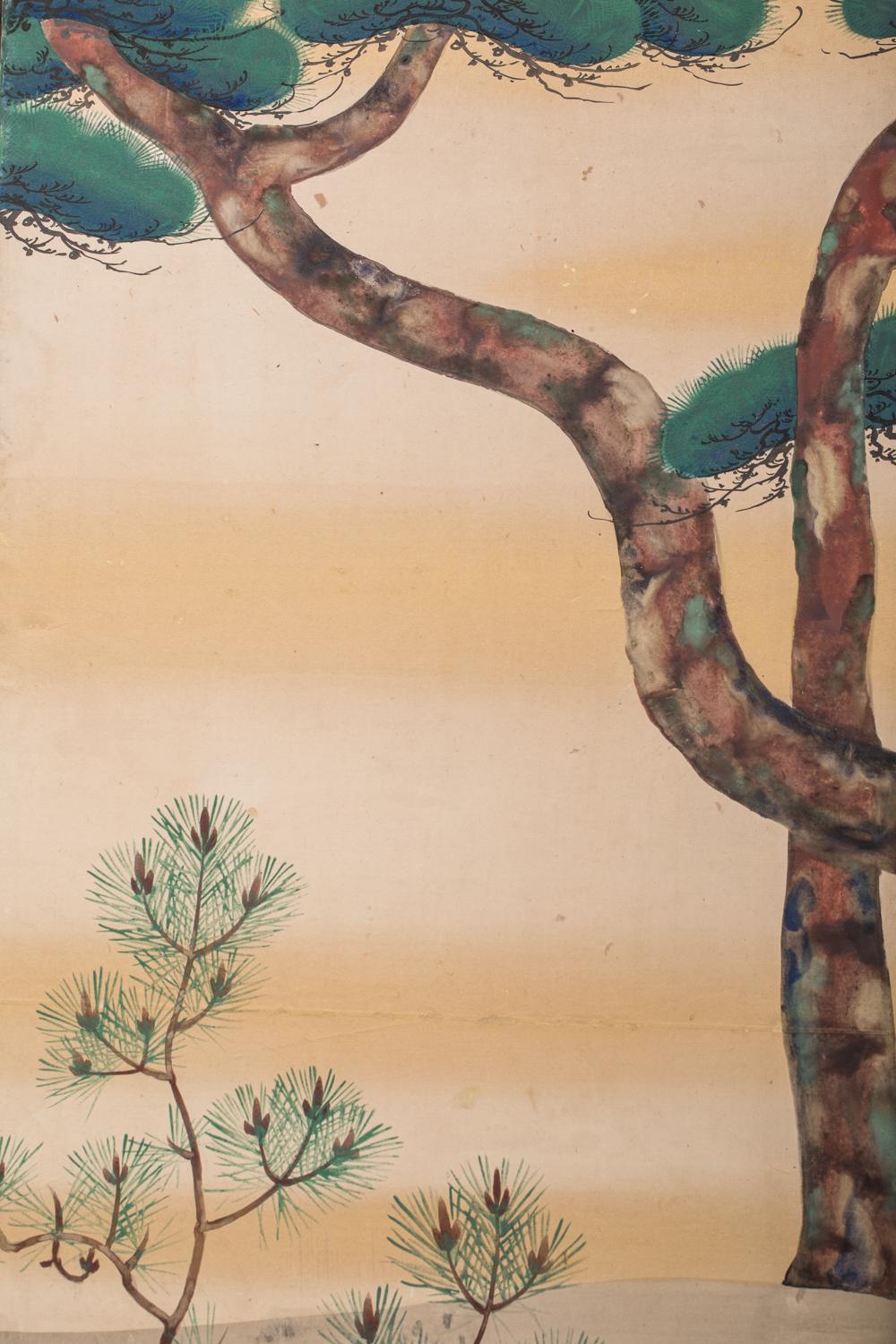 Japanese Six Panel Screen, Young Pine and Bell Flowers In Good Condition For Sale In Hudson, NY